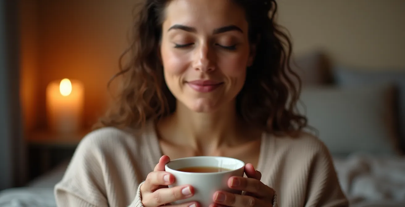 Ruhige Abendszene mit warmem Kerzenlicht und einer Tasse Tee auf einem Nachttisch, die eine entspannende Schlafvorbereitung symbolisiert.