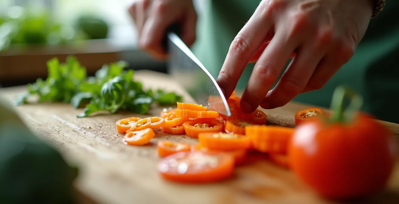 Hände schneiden frisches Gemüse in meditativer Atmosphäre
