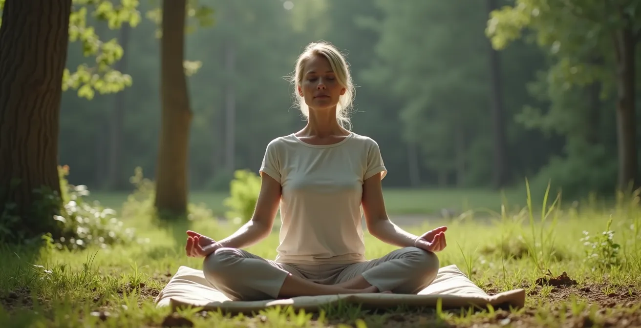 Eine Person sitzt in einer natürlichen Umgebung (Wald oder Park) auf einem Kissen. Ihre Augen sind geschlossen, ihre Haltung aufrecht und ruhig. Diffuses natürliches Licht durchdringt die Szene.