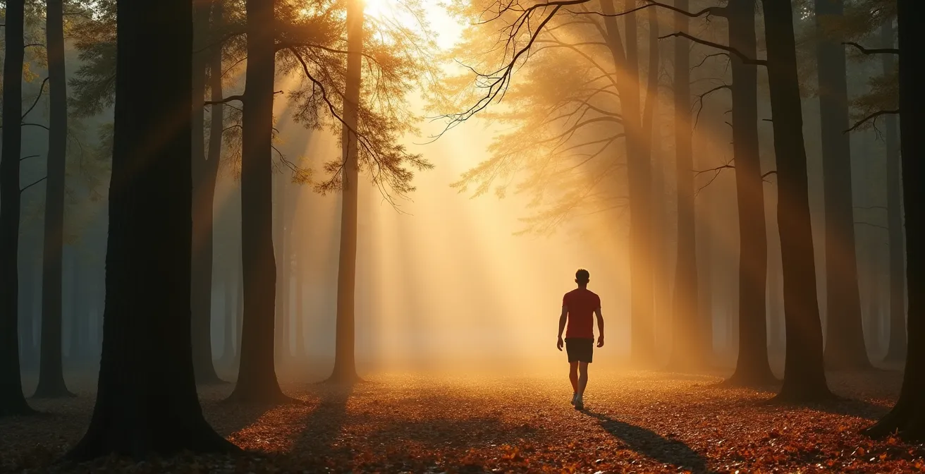 Ein Sportler bei einer sanften Bewegung zur aktiven Erholung in einer deutschen Waldlandschaft
