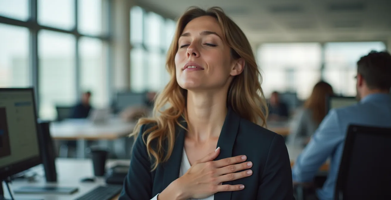 Person praktiziert diskrete Atemübung am Arbeitsplatz für sofortige Stressreduktion