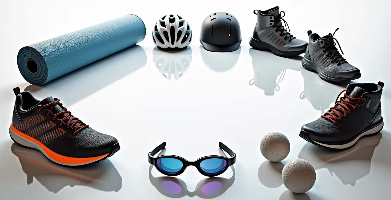 Verschiedene Sportgeräte wie Laufschuhe, Yogamatte und Fahrradhelm in einem Kreis angeordnet, die unterschiedliche Bewegungstypen symbolisieren.