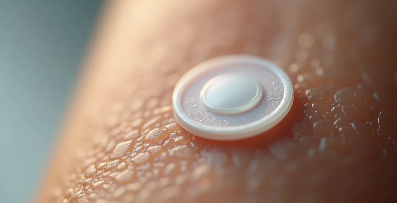 Makroaufnahme eines CGM-Sensors auf Haut mit unscharfem Hintergrund