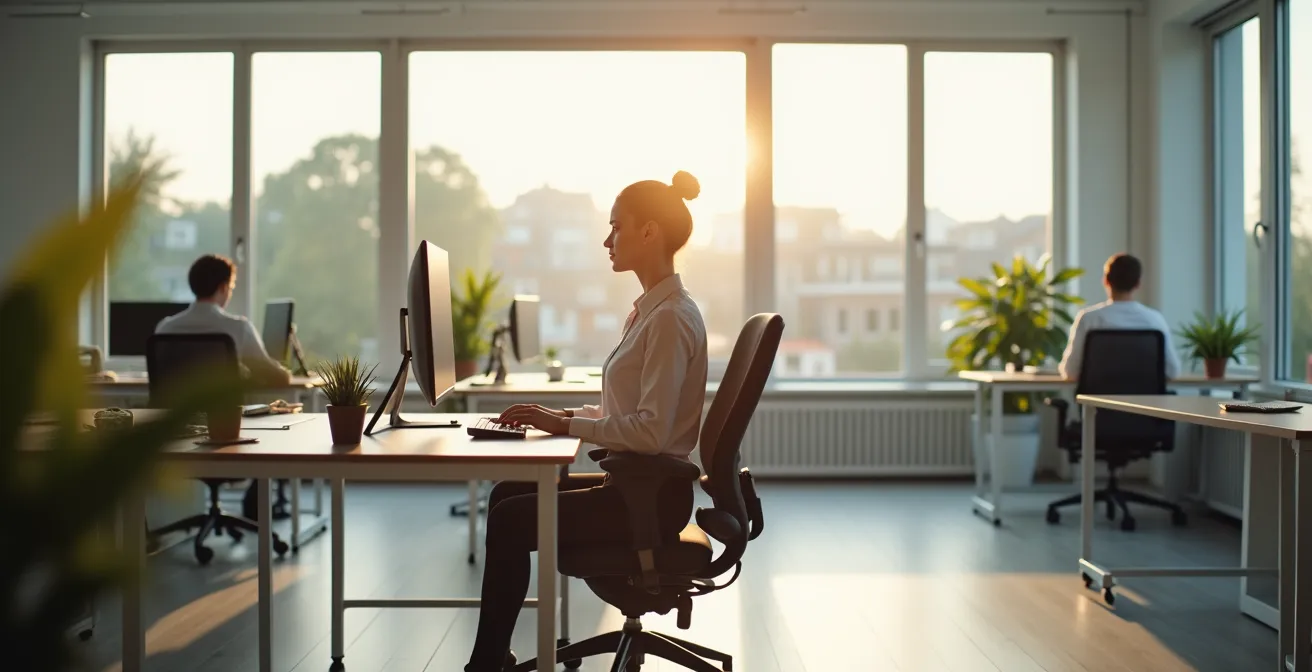 Büroangestellte führt Dehnübung am Schreibtisch aus