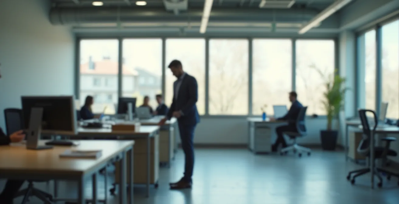 Eine Person führt in einem modernen, hellen Büro eine diskrete Dehnübung am Stehschreibtisch durch.