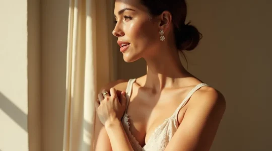 Eine Frau betrachtet ihren Körper mit neuer Akzeptanz und Selbstvertrauen nach einer ästhetischen Operation