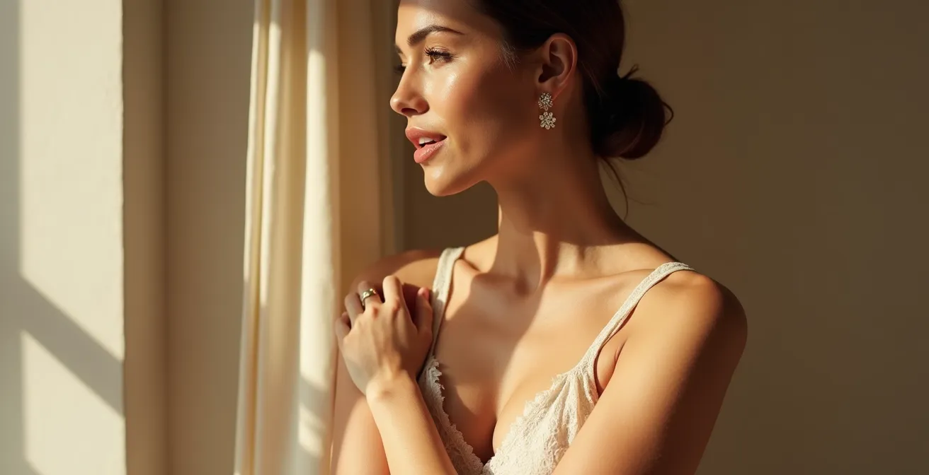 Eine Frau betrachtet ihren Körper mit neuer Akzeptanz und Selbstvertrauen nach einer ästhetischen Operation