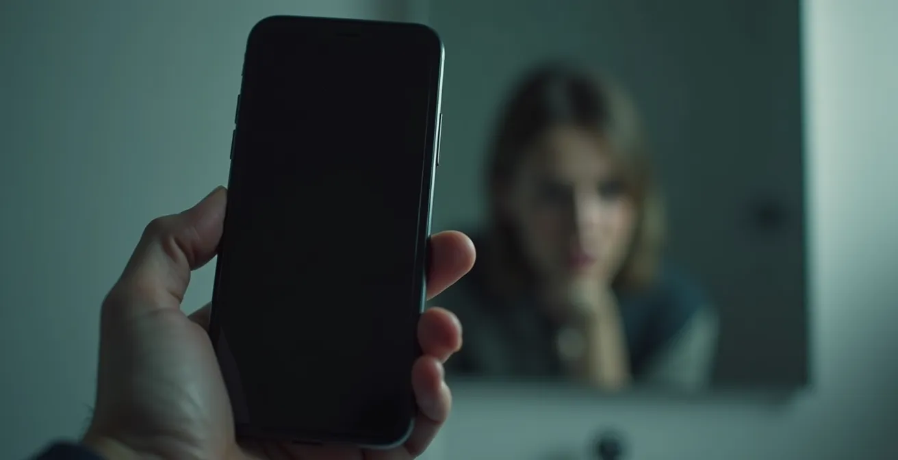 Nahaufnahme einer Hand, die ein Smartphone mit deaktiviertem Bildschirm hält. Im unscharfen Hintergrund ist ein Gesicht teilweise sichtbar, das in einem Spiegel reflektiert wird. Die Komposition suggeriert den Kontrast zwischen digitaler Darstellung und Realität.