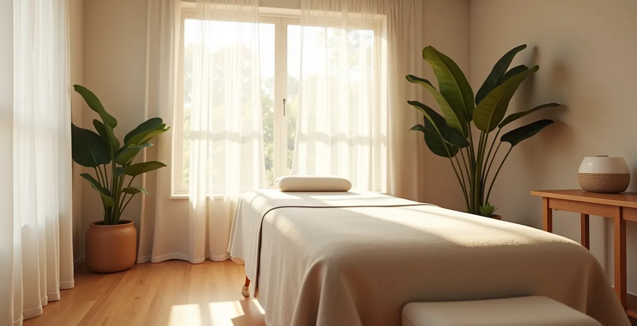 Beruhigendes Massageumfeld mit natürlicher Beleuchtung und minimalistischer Einrichtung