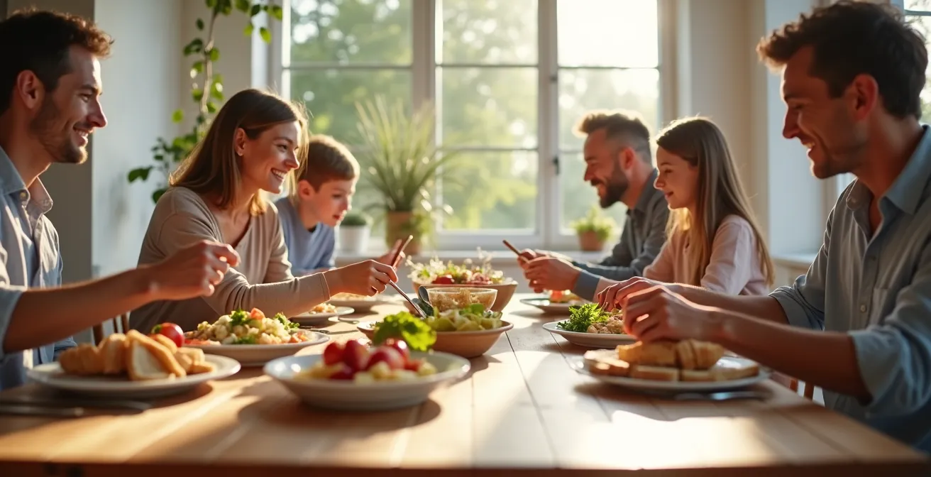 Menschen verschiedenen Alters genießen gemeinsam eine Mahlzeit in entspannter Atmosphäre