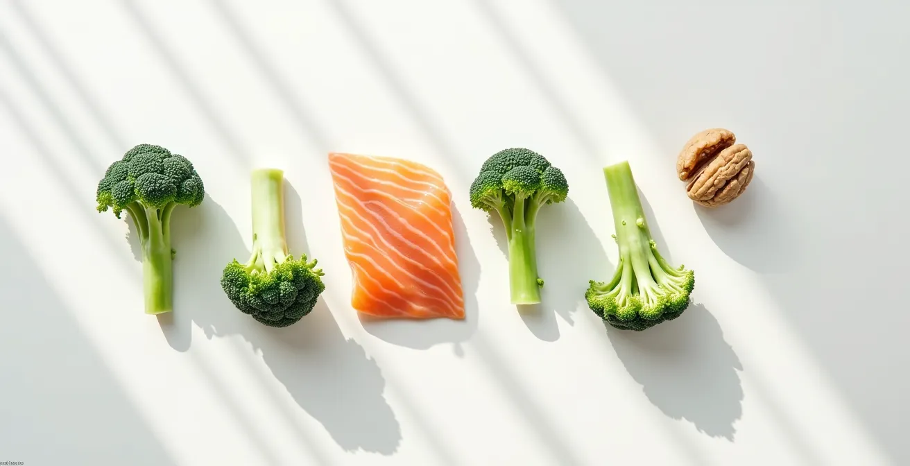 Minimalistische Anordnung von Brokkoli, Lachs und Nüssen auf hellem Hintergrund