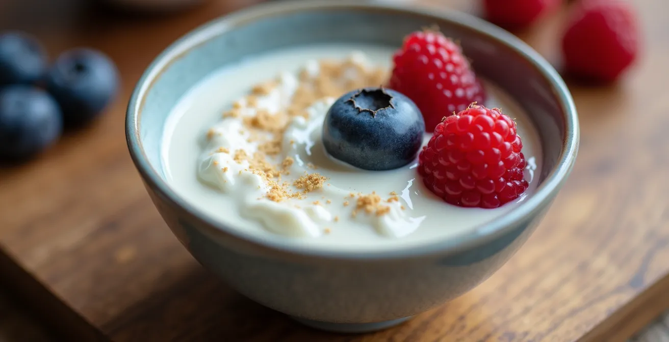 Makroaufnahme von Magerquark mit frischen Beeren als Post-Workout-Mahlzeit