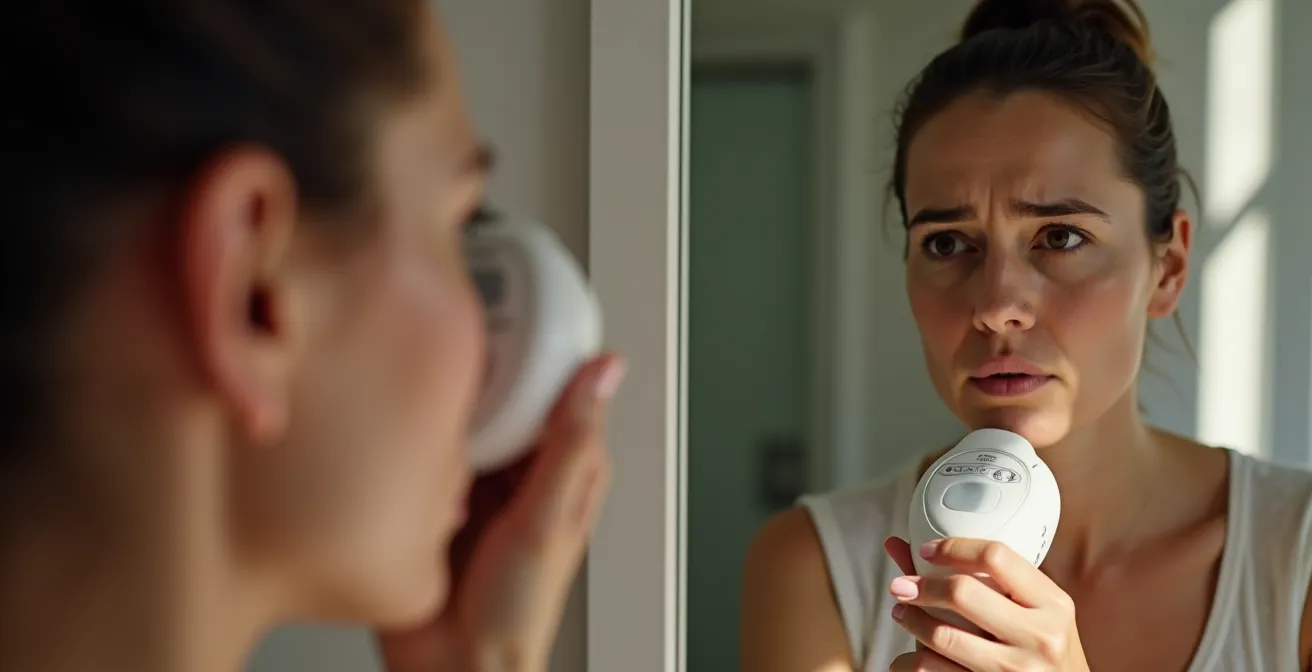 Eine Frau mit besorgtem Gesichtsausdruck hält ein Ultraschallgerät falsch an ihre Haut, was auf die Gefahr der fehlerhaften Anwendung hinweist.