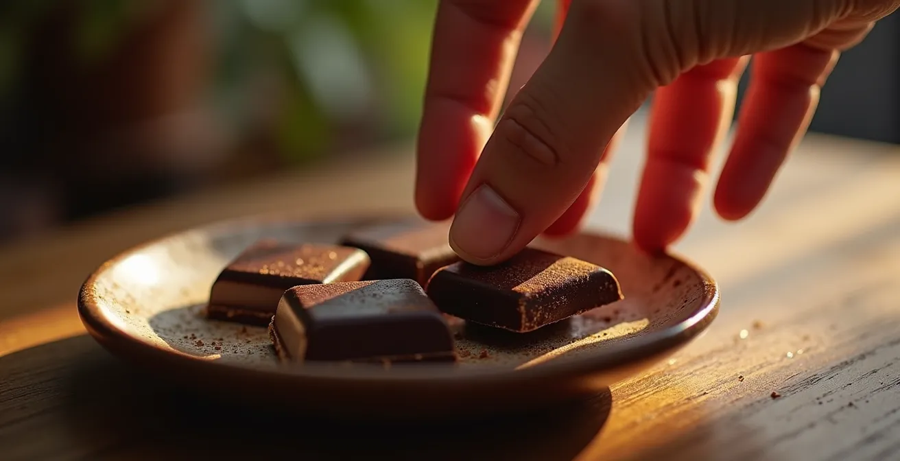 Hand greift entspannt nach Schokolade ohne Schuldgefühle