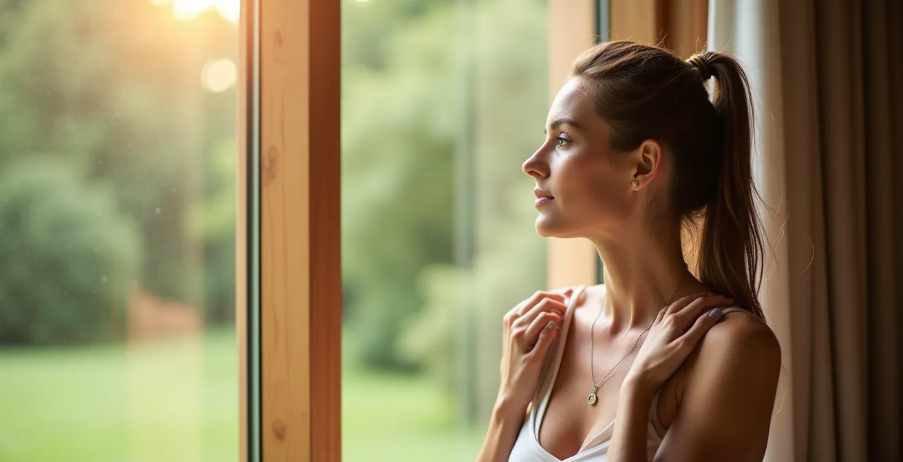Eine Person steht in einem modern eingerichteten Wellness-Raum und blickt aus einem großen Fenster auf eine grüne Landschaft. Natürliches Licht fällt auf ihr Gesicht; ihre Körperhaltung wirkt entspannt und selbstsicher. Im Hintergrund sind subtile Wellness-Elemente wie Pflanzen und minimalistische Einrichtung sichtbar.