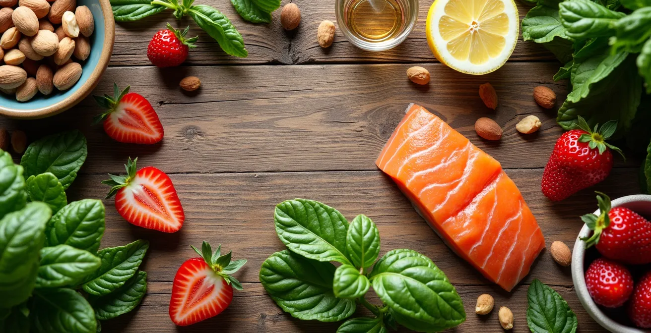 Stillleben mit antioxidantienreichen Lebensmitteln auf deutschem Holztisch