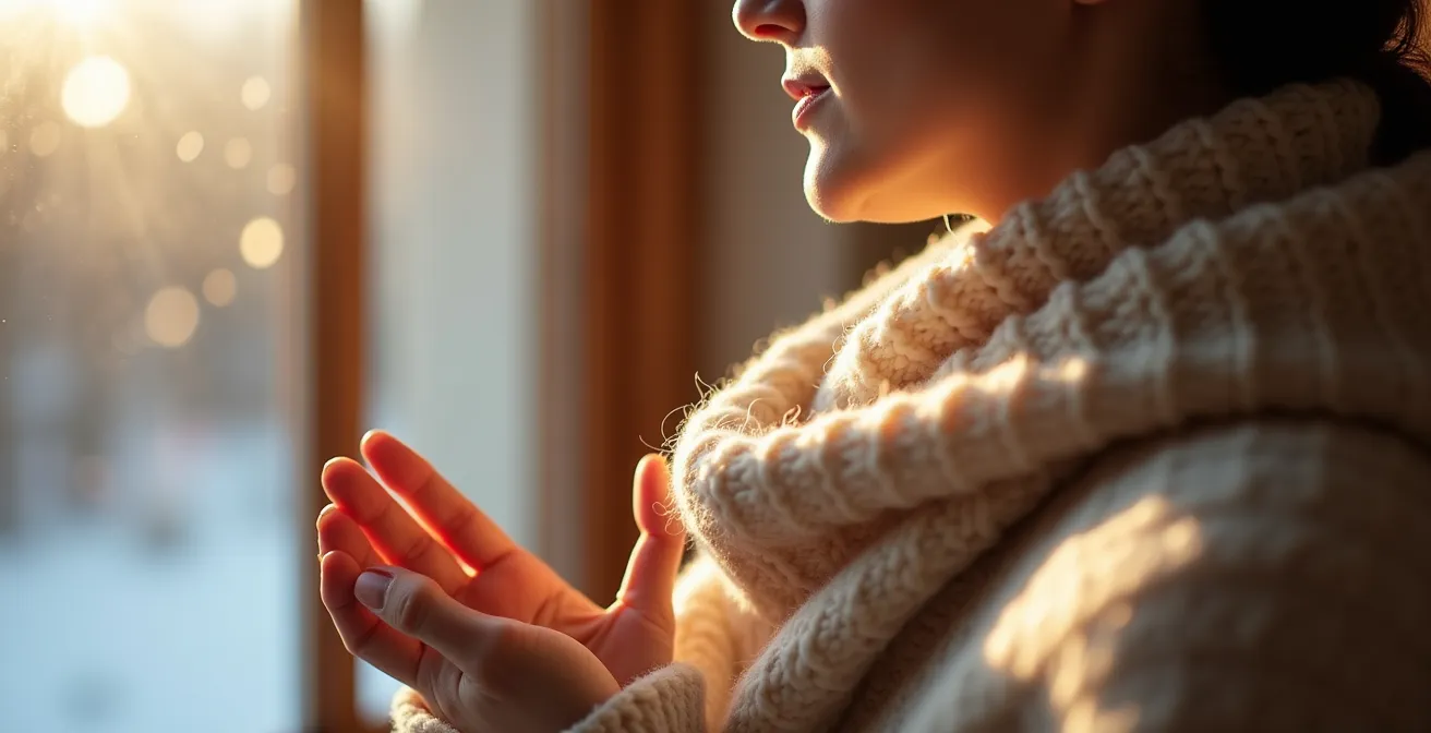 Nahaufnahme von gepflegten Händen, die mit einer reichhaltigen Creme eingecremt werden, während ein weicher Schal den Hals wärmt