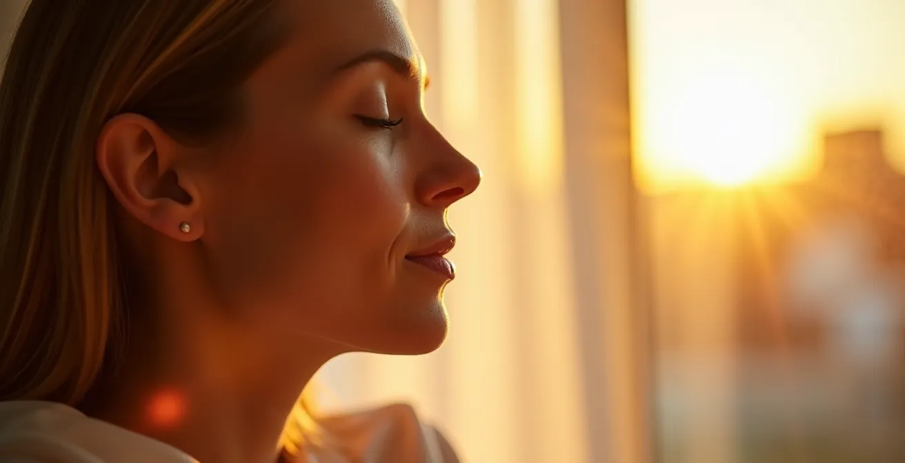 Gesicht einer Frau im Profil mit sichtbar gesunder, strahlender Haut im natürlichen Licht