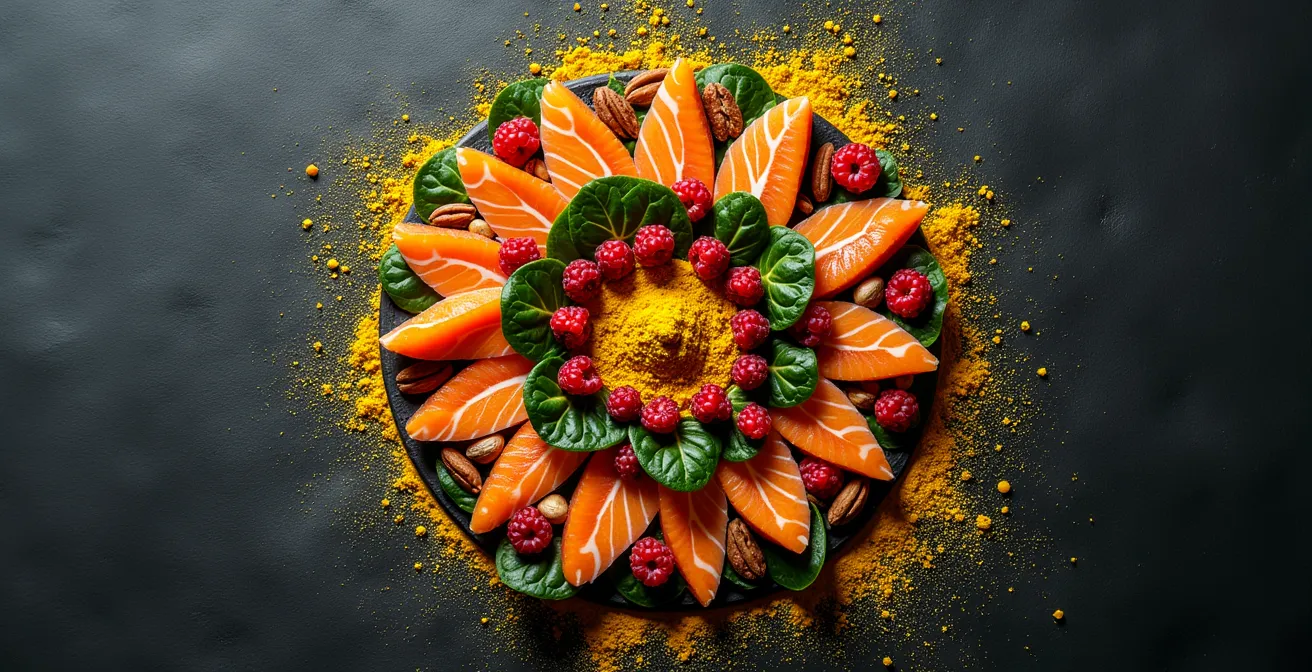 Farbenfrohe Anordnung entzündungshemmender Lebensmittel