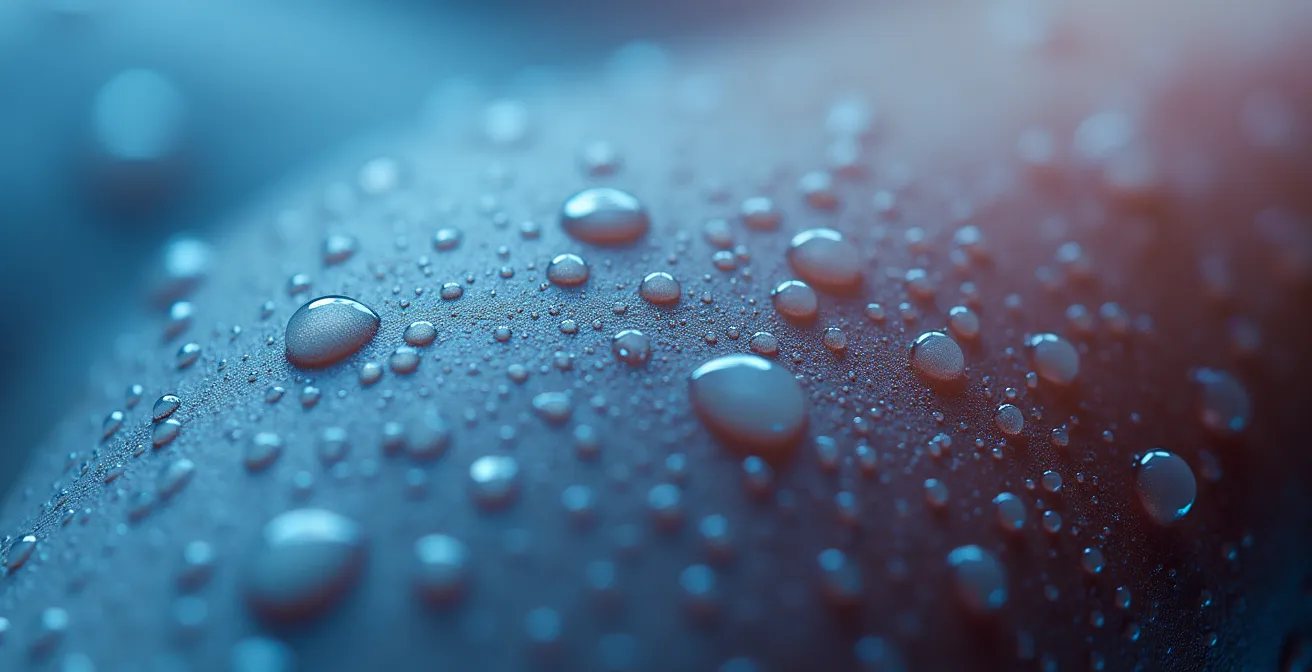 Nahaufnahme der Anwendung von lokaler Kältetherapie bei einer Sportverletzung mit sichtbaren Wassertropfen auf der Haut.