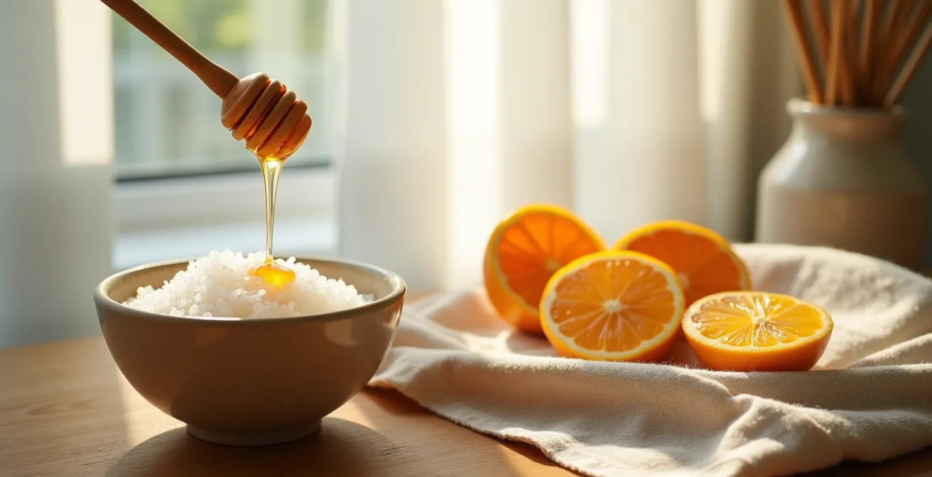 Natürliche Peeling-Zutaten aus der deutschen Bio-Küche arrangiert