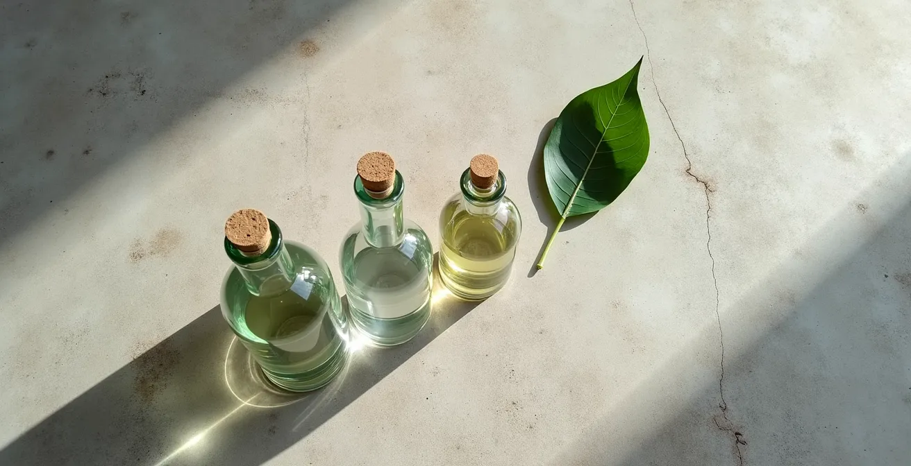 Minimalistische Anordnung von essentiellen Hautpflegeprodukten für den Barriere-Reset