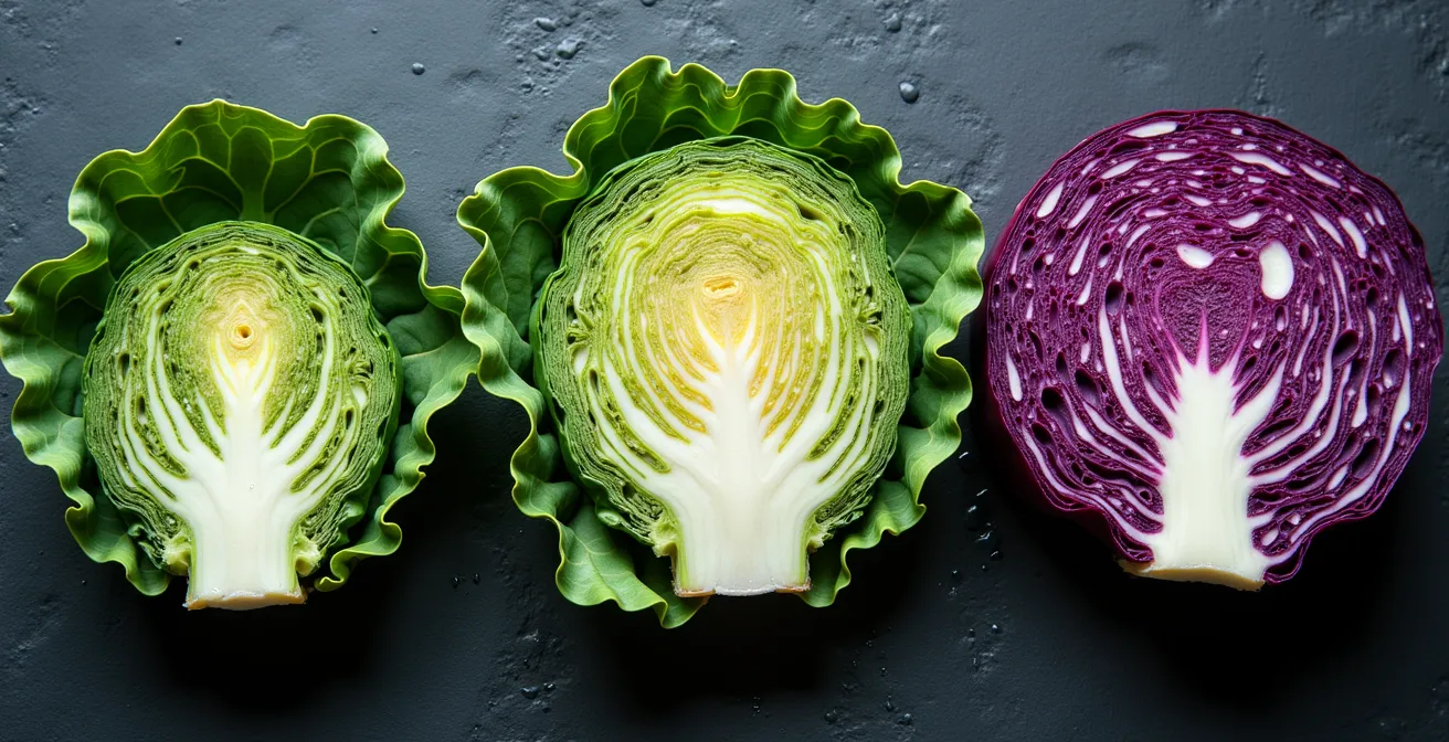 Makroaufnahme verschiedener nährstoffdichter deutscher Gemüsesorten wie Grünkohl und Rotkohl