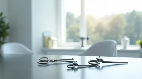 Moderne klinische Umgebung mit medizinischen Instrumenten und detaillierten Textilien, die deutsche Präzision und Standards in der plastischen Chirurgie symbolisieren