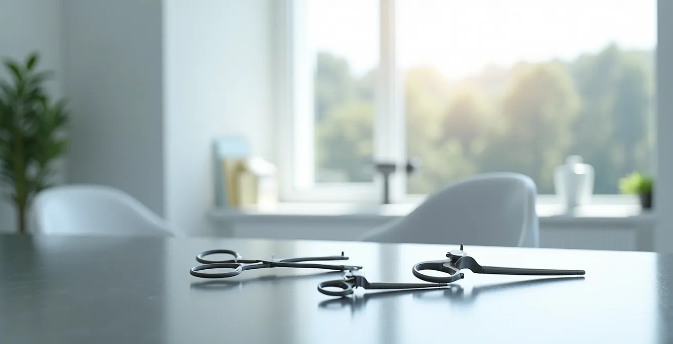 Moderne klinische Umgebung mit medizinischen Instrumenten und detaillierten Textilien, die deutsche Präzision und Standards in der plastischen Chirurgie symbolisieren