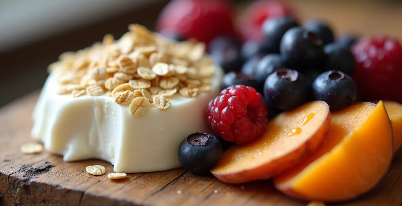 Frische deutsche Lebensmittel wie Quark, Haferflocken und Beeren, arrangiert für die Regeneration nach dem Training