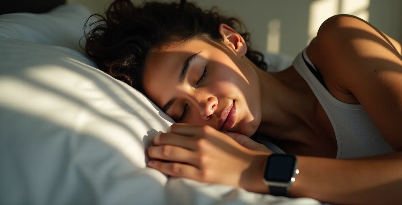 Nahaufnahme eines Athleten beim Schlaf-Monitoring mit HRV-Messung durch eine Sportuhr