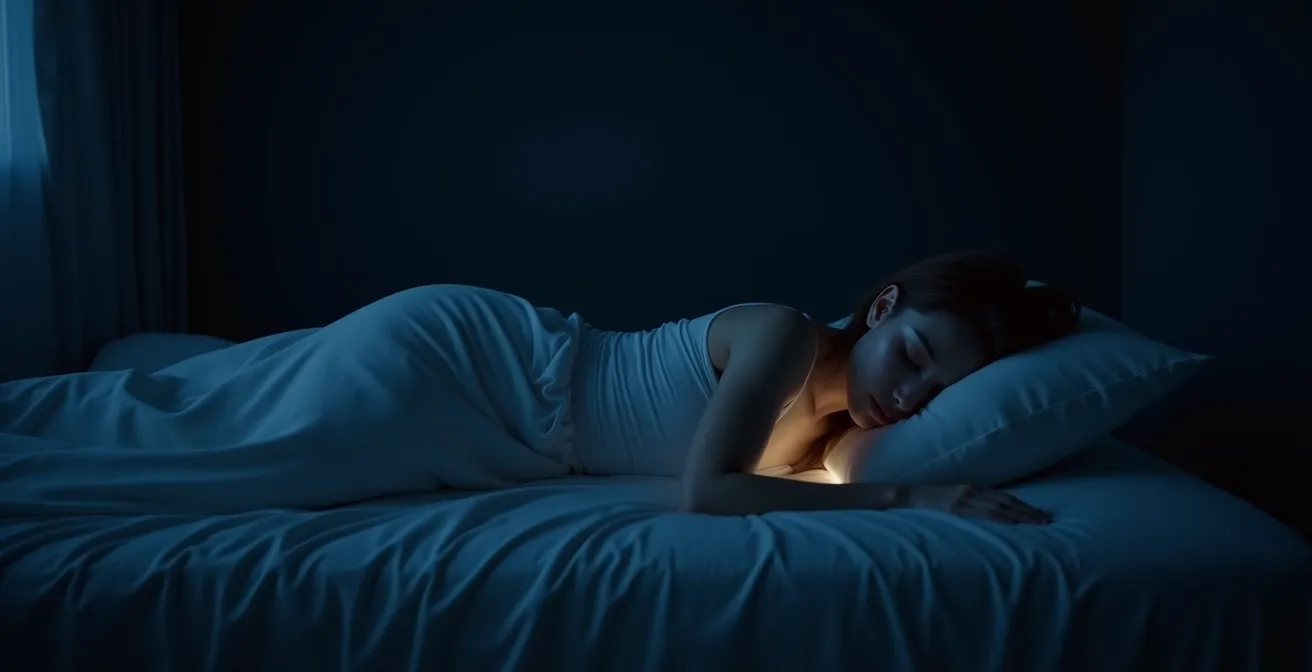 Eine Person schläft friedlich, während eine subtile Visualisierung die nächtliche Regeneration von Haut und Nerven andeutet.