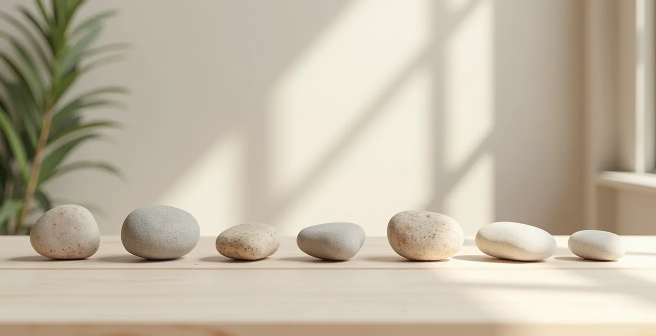 Eine minimalistische Darstellung von Körperzonen mit unterschiedlicher Schmerzempfindlichkeit, symbolisiert durch verschieden große Steine