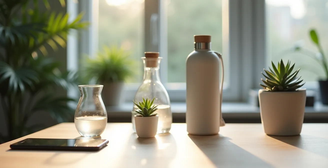 Moderne Trinkflaschen und Wassergläser sind auf einem aufgeräumten deutschen Büroschreibtisch elegant integriert.