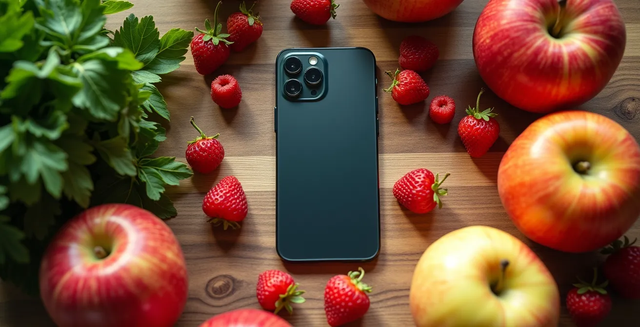 Smartphone liegt umgedreht neben frischem Obst und Gemüse