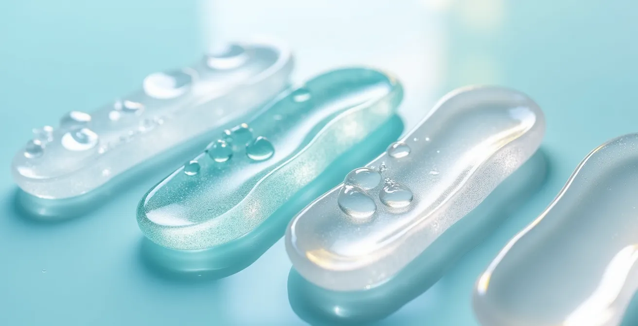 Makroaufnahme verschiedener Hautpflegetexturen im Vergleich: ein durchsichtiges Gel, ein seidiges Serum und ein milchiges Fluid.