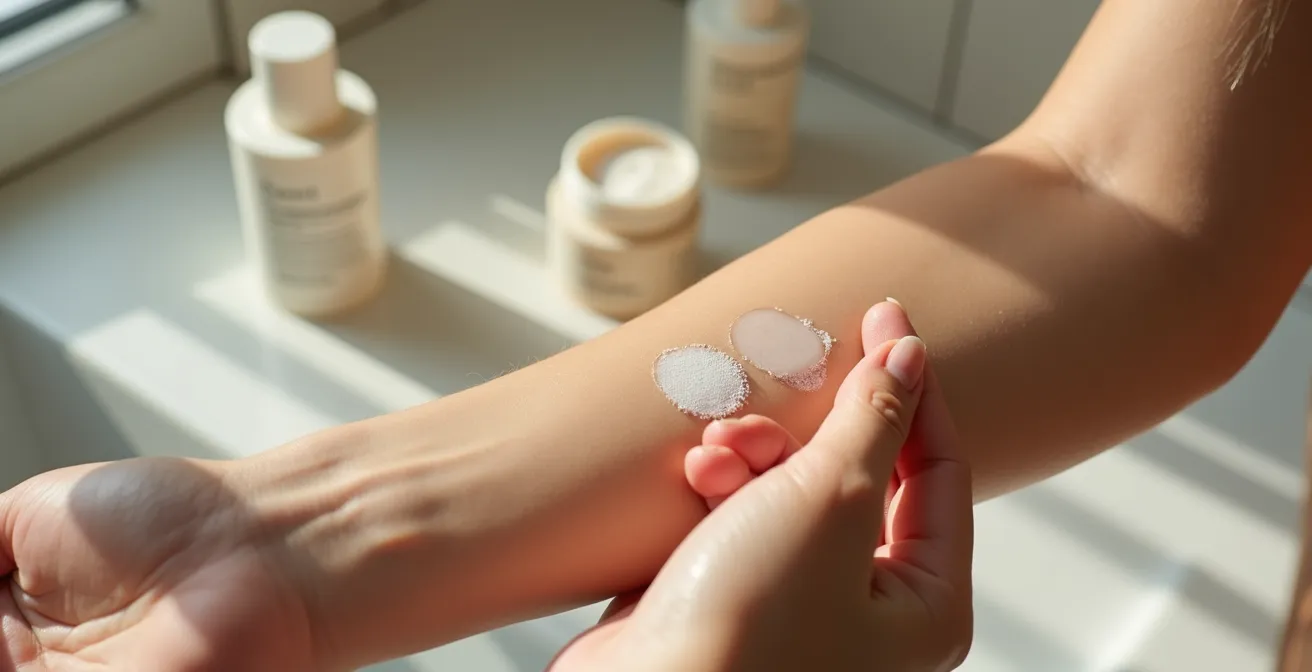 Minimalistische Darstellung verschiedener Sonnenschutztexturen auf heller Haut