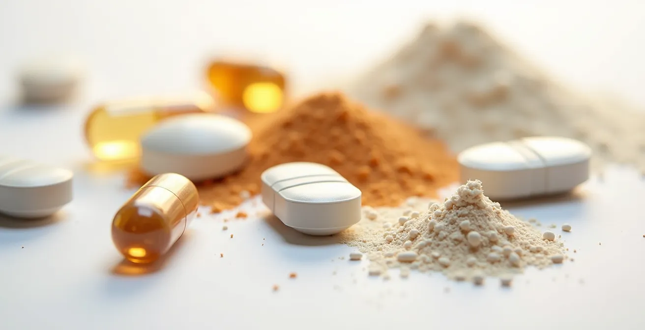 Makroaufnahme von verschiedenen Nahrungsergänzungsmitteln für Sportler
