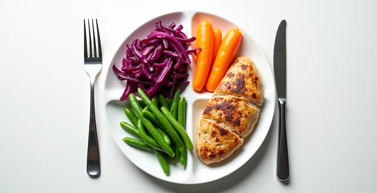 Anschauliche Darstellung des Teller-Modells mit typisch deutschen Lebensmitteln auf einem geteilten Teller.