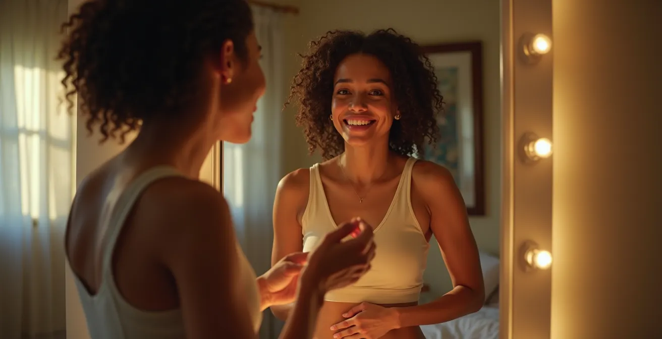 Eine Frau in einem ruhigen Moment der körperlichen und emotionalen Neuausrichtung nach körperlichen Veränderungen