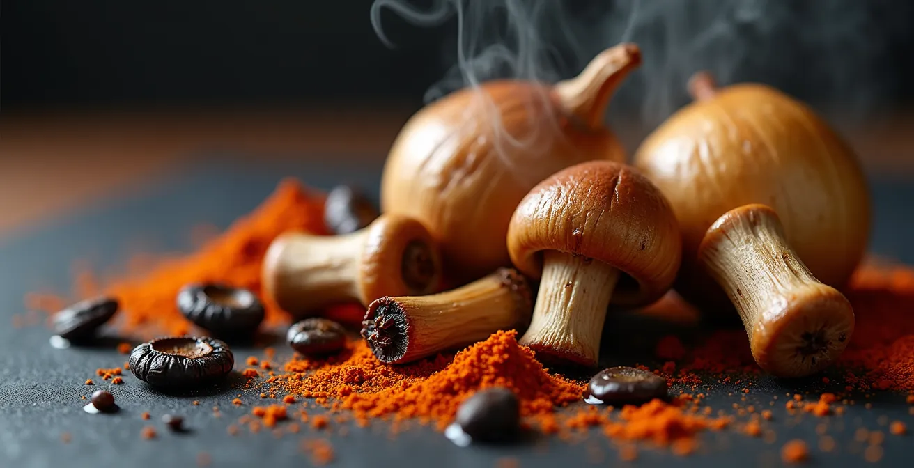 Makroaufnahme von Umami-reichen Zutaten wie Pilzen, gerösteten Zwiebeln und Senf