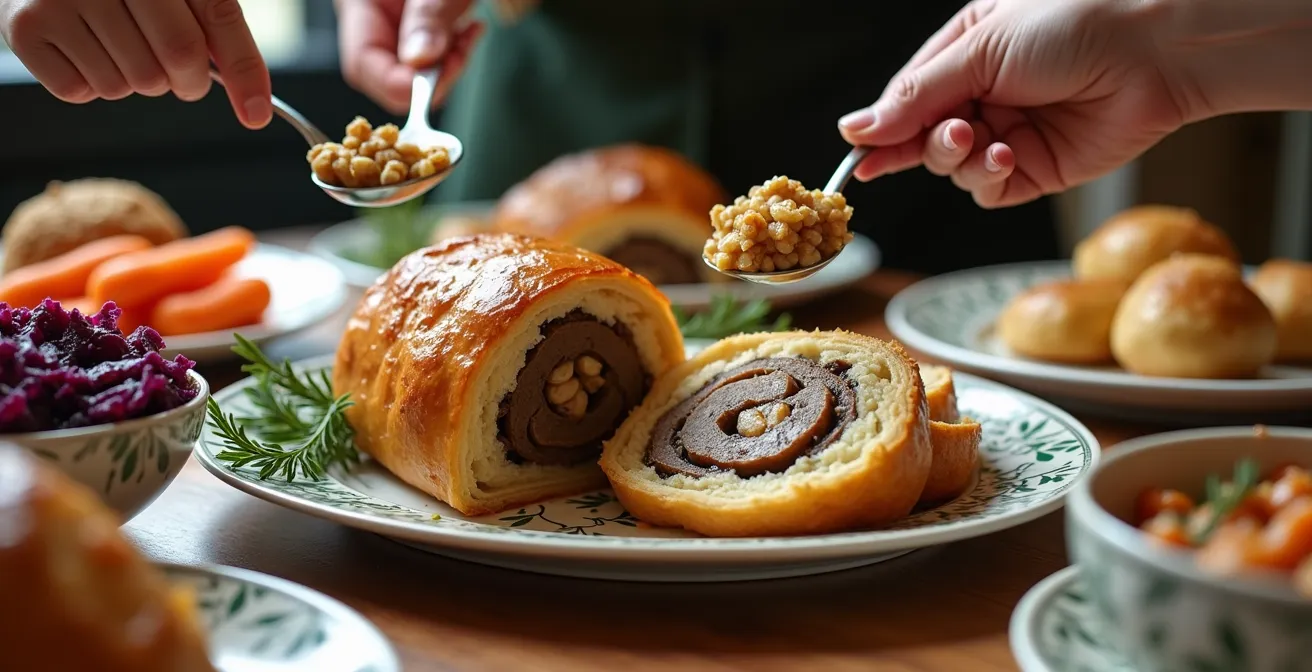 Festlicher veganer Strudel in Blätterteig mit Beilagen auf elegantem Tisch