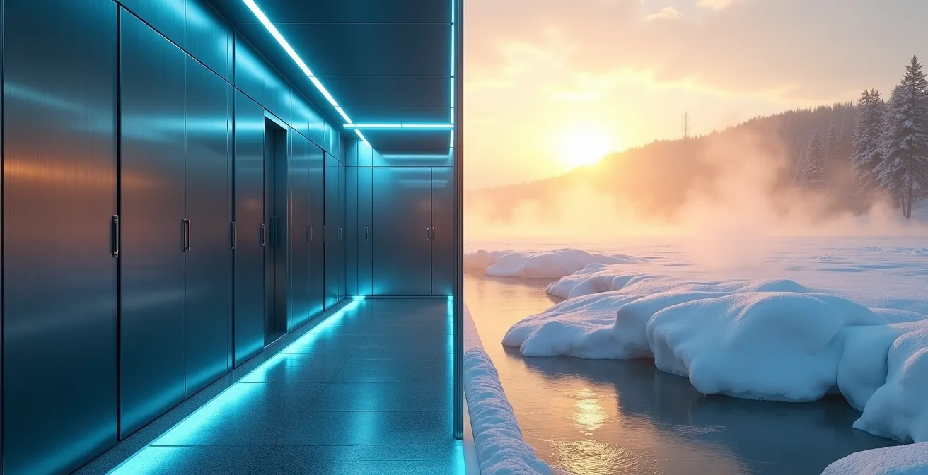 Split-Screen-Aufnahme, die eine moderne Kryokammer und ein natürliches Winterbad gegenüberstellt.