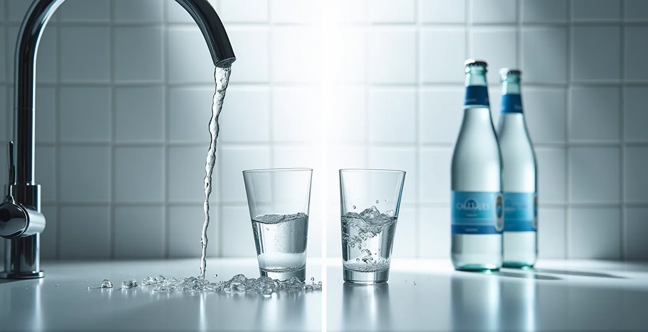 Vergleich zwischen Leitungswasser im Glas und Mineralwasserflasche, das die Wahl symbolisiert.