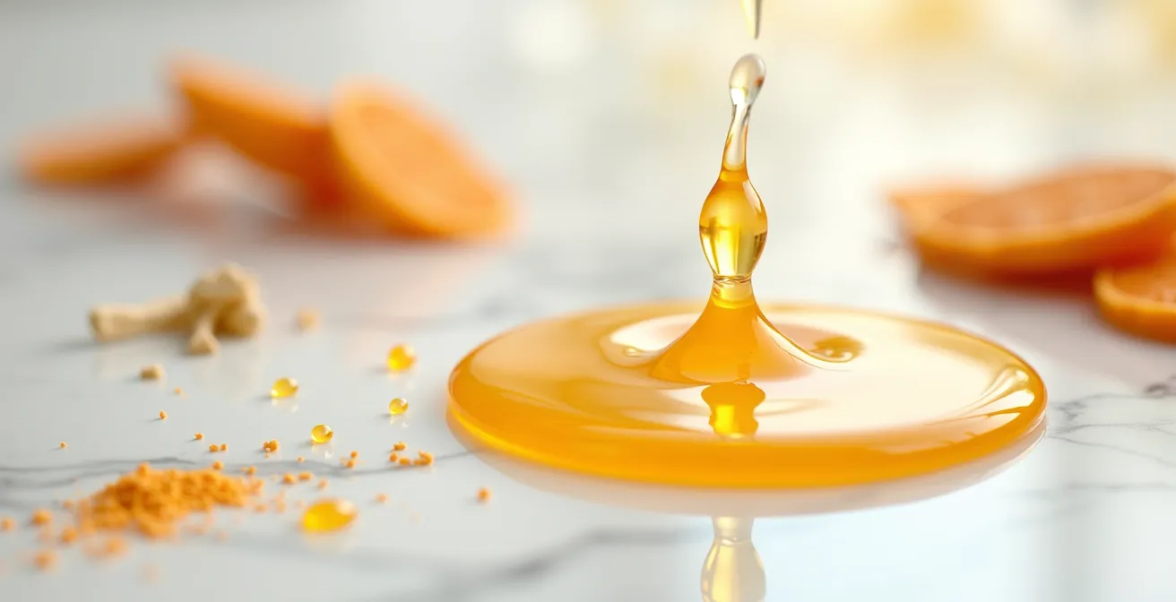 Makroaufnahme von Vitamin C Serum und natürlichen Aufhellungswirkstoffen